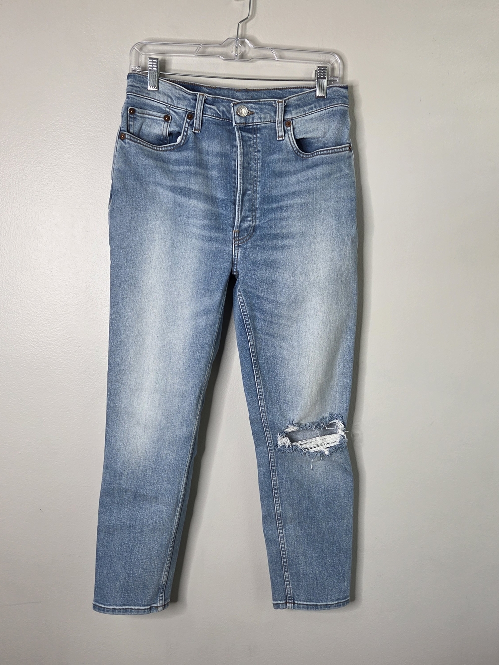 Re/done Button-Fly Distressed Light Blue Wash Stretch Jeans